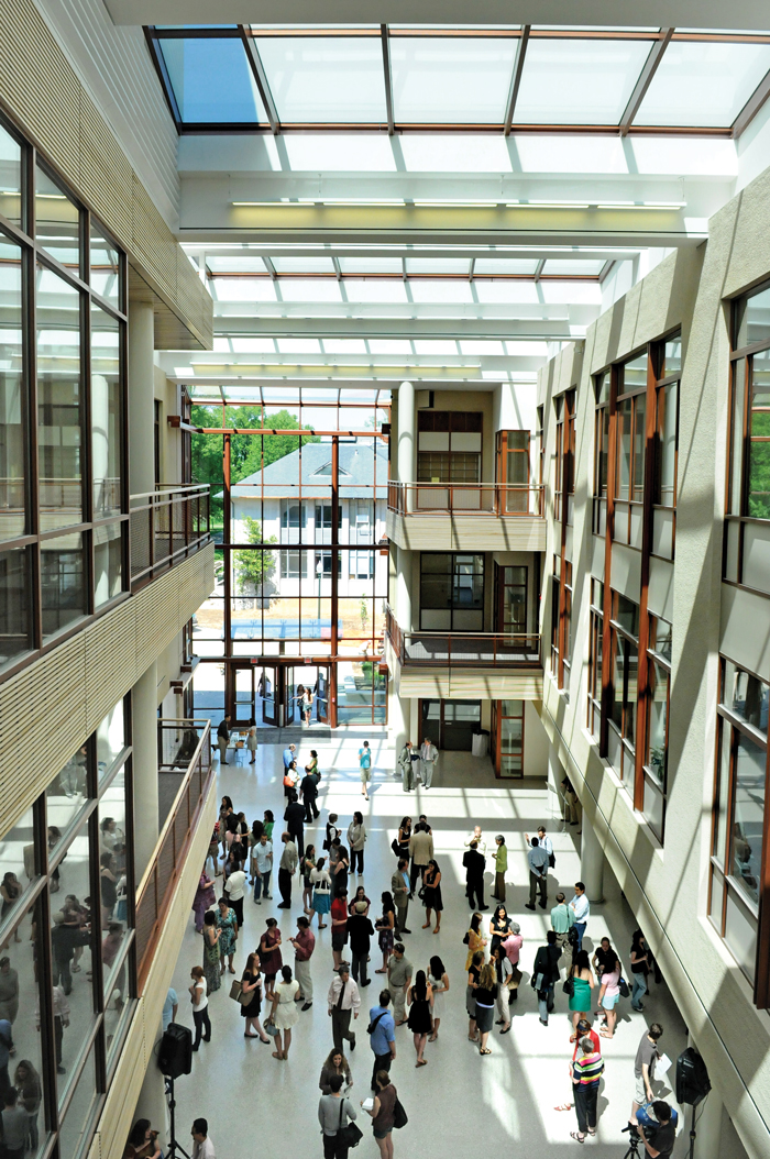 Natural daylighting through skylights and window walls is a key component to sustainability on campus.