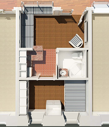 The micro lofts range in size between 250 and 600 square feet. Each dwelling offers a kitchen, full bath, sitting area, and bedroom. Built-in beds and shelving offer space-saving techniques.