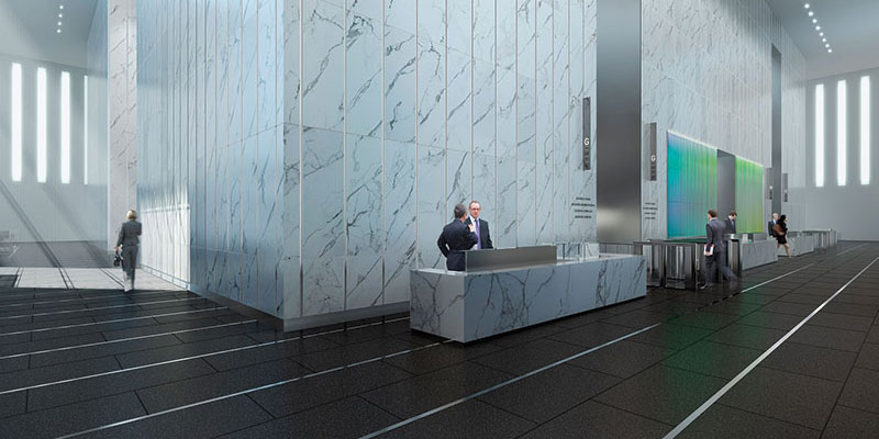 The marble lobby is sheltered with concrete walls more than two feet thick. The concrete is slotted to allow daylight into the space.