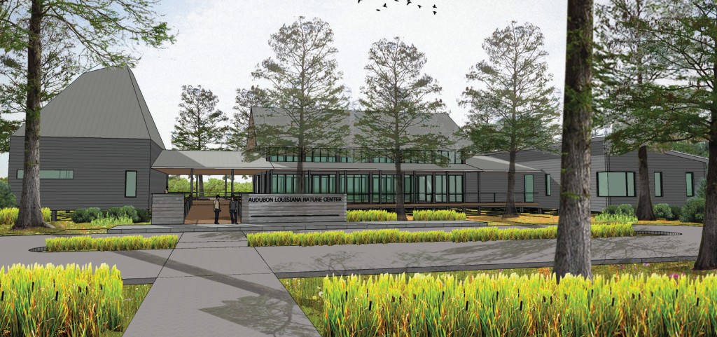 The design of the new nature center is finally underway nine years after Katrina. It will consist of three pavilions linked by 5,800 square feet of covered exterior boardwalks that will replace trails destroyed during Katrina. Rendering: Billes Partners