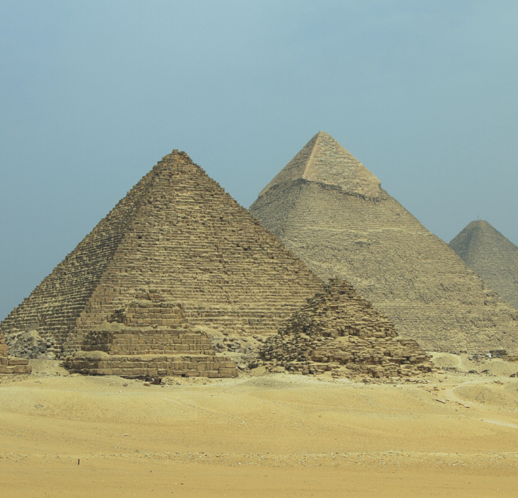 The Great Pyramids of Giza - the pyramid of Menkaure 215 feet; the great pyramid of Khufu, 481 feet; the Pyramid of Khafre 448 feet. 